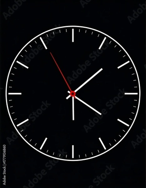 Fototapeta Minimalist digital clock illustration, black background, white markings and hands
