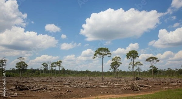 Fototapeta A vast, barren landscape with a dirt road and scattered trees, under a blue sky with fluffy white clouds.