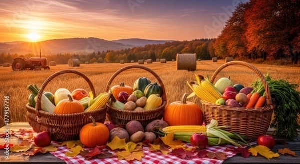 Obraz Three baskets of fresh vegetables and fruits on a wooden table in a field with a tractor and hay bales in the background.