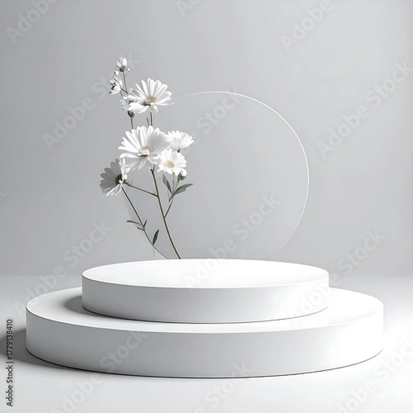 Obraz Minimalist white pedestal, flowers, and translucent circle background