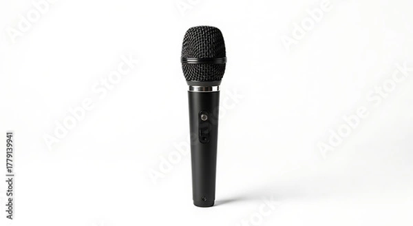 Fototapeta A single black microphone stands vertically centered against a white background studio shot ai generated