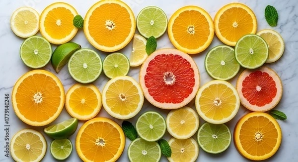 Obraz Colorful Citrus Fruits Flat Lay – Vibrant Grapefruit, Orange, Lemon, Lime Texture