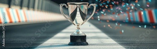 Fototapeta A stunning trophy displayed on a racetrack, surrounded by colorful confetti celebrating victory and achievement.