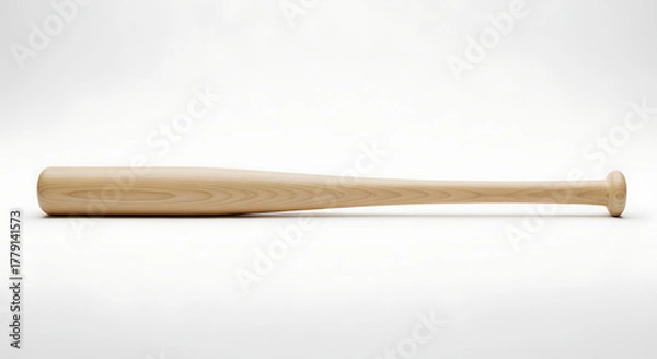 Fototapeta A light brown wooden baseball bat lying horizontally on a plain white surface in a studio setting ai generated