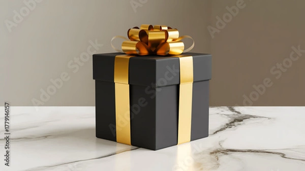 Fototapeta A high-quality product photograph of a black square gift box with a gold metallic ribbon tied into a perfect bow on top.