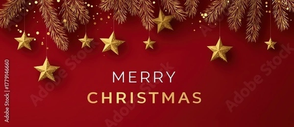 Fototapeta stylish christmas background with golden stars and garland lights on a red color banner, text "Merry Christmas" vector illustration design.