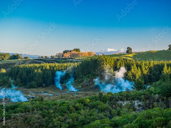 Fototapeta Geothermal steam fissures in a valley with snow capped mountains in the background