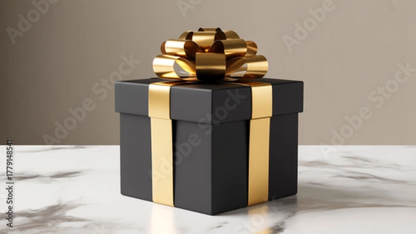 Fototapeta A high-quality product photograph of a black square gift box with a gold metallic ribbon tied into a perfect bow on top.