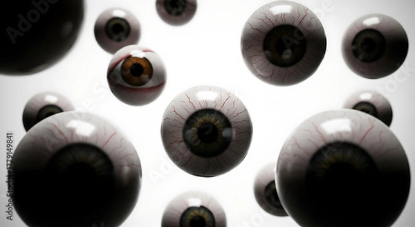 Fototapeta A collection of eyeballs floating in a white space with visible veins and different colored irises ai generated