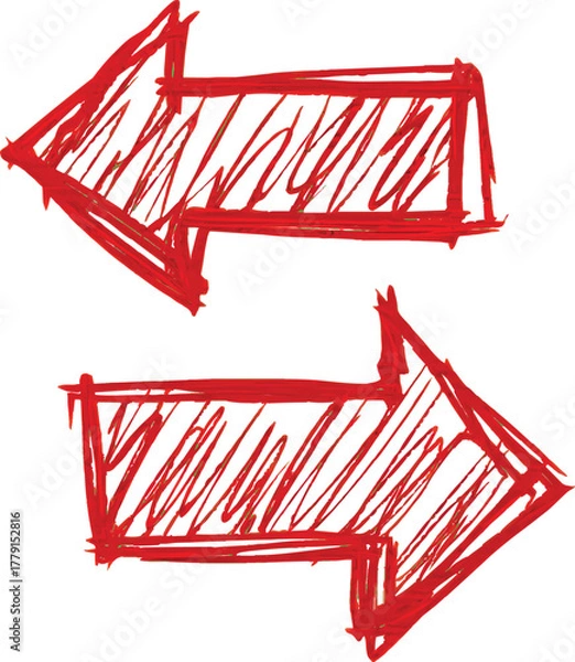 Fototapeta Two red arrows pointing in opposite directions, hand-drawn style.