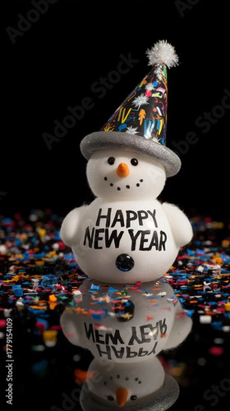 Fototapeta Happy new year concept. A little snowman with happy new year text