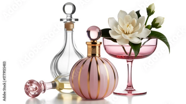 Fototapeta A product photography composition featuring three elegant perfume bottles and a white flower arrangement on a white background.