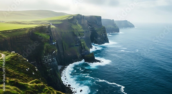Fototapeta Aerial view of the cliffs of moher in ireland with the ocean crashing against the rocky coastline ai generated