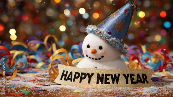 Fototapeta Snowman smiling under falling confetti and bright lights. Happy New Year