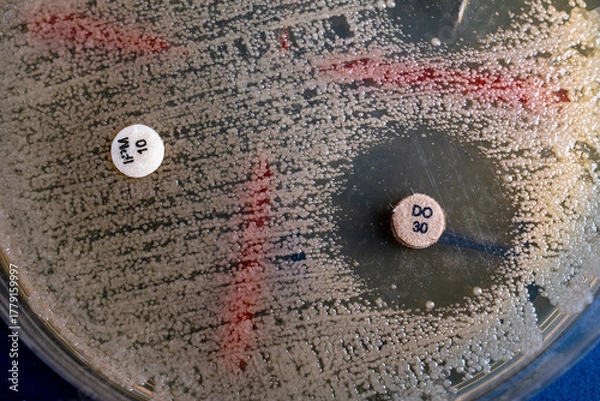 Fototapeta Bacterial Susceptibility Testing via Kirby-Bauer Disk Diffusion Assay