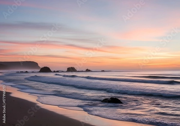 Fototapeta Pastel sunset over rocky shoreline with gentle waves and smooth wet sand