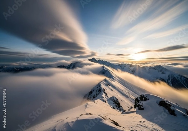 Fototapeta Snow covered mountains with clouds and sunlight on a clear day