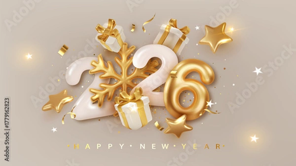 Fototapeta Happy New Year 2026 greeting card. 3D golden numbers with snowflake and gift box decor. Christmas holiday festive vector illustration