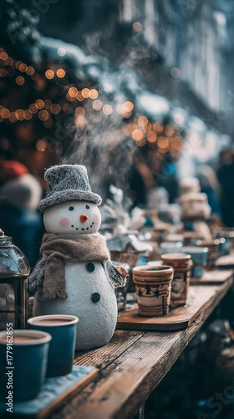 Fototapeta Happy New Year. Snowman surrounded by handmade presents and coffee cups.