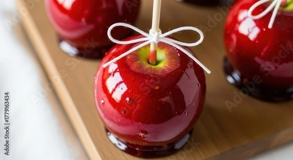 Obraz Close up of a shiny red candy apple on a wooden board