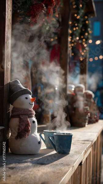 Fototapeta Holiday excitement. Snowman smiling near a cup of tea or coffee