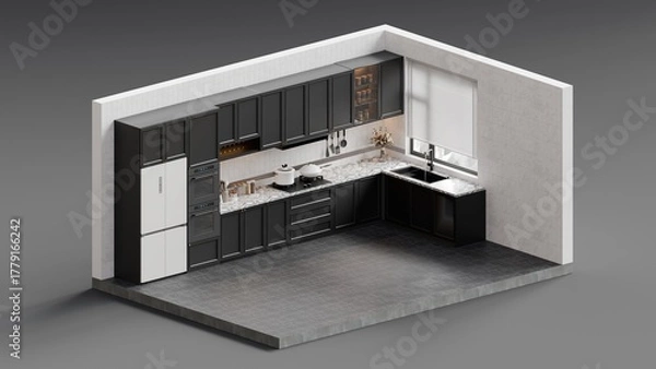 Fototapeta Modern Minimalist Kitchen Interior Featuring Dark Cabinetry, Marble Countertops, and Warm Cabinet Lighting in a Contemporary Home Setting - 3d Render
