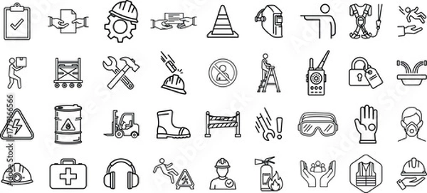 Obraz Collection of hand drawn black and white outline icons representing various objects and symbols isolated on transparent background