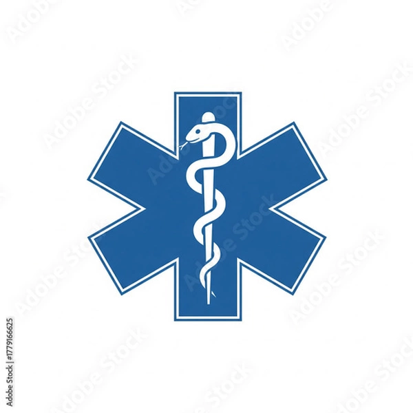 Obraz Blue medical emergency services icon featuring a white snake staff and six-pointed cross, universally recognized for healthcare, first aid, and urgent response