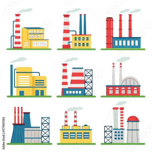 Fototapeta Illustration showing a collection of nine different factory buildings with various chimneys and smoke