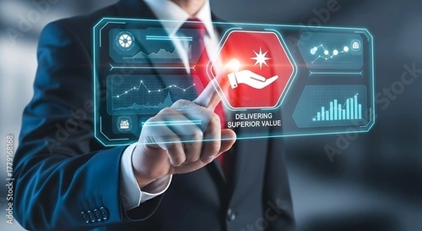 Fototapeta Professional businessman interacting with futuristic interface highlighting superior value and growth metrics