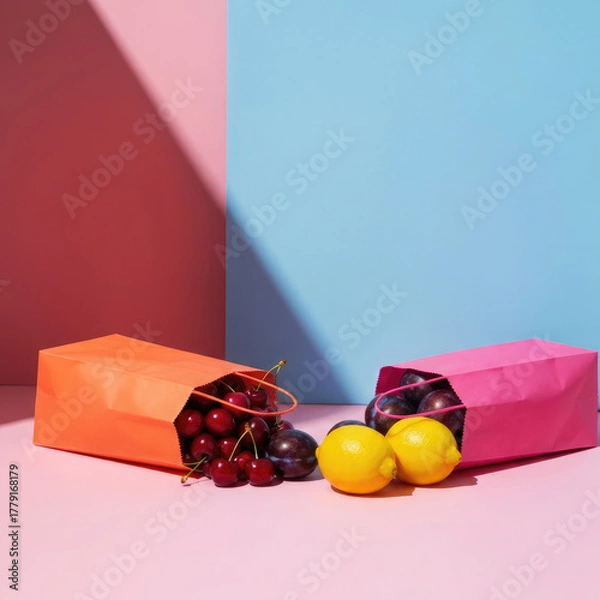 Obraz Colorful Food Photography: Fresh Fruits in Bright Bags on a Dual Color Background.
