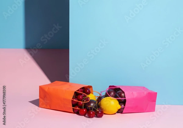 Fototapeta Delicious Cherries and Plums Spilling out of Bright Bags on a Pastel Surface.