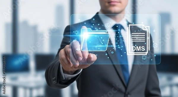 Fototapeta Professional businessman interacts with digital document management system interface in modern office