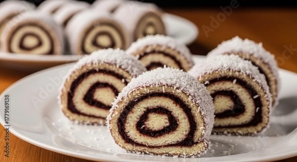Obraz Delicious swiss roll cakes dusted with coconut flakes on a plate
