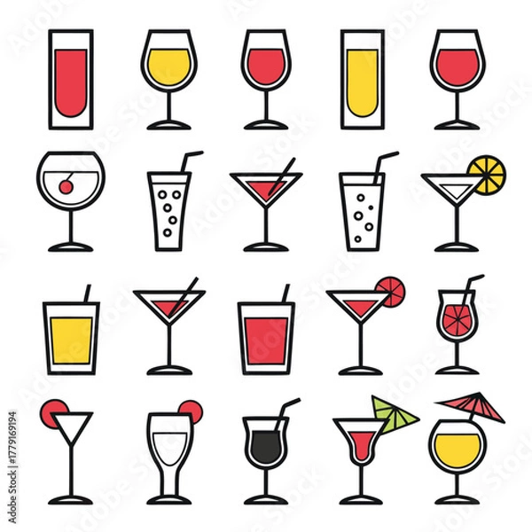 Fototapeta Illustration of various alcoholic and non alcoholic drinks in glasses with different garnishes