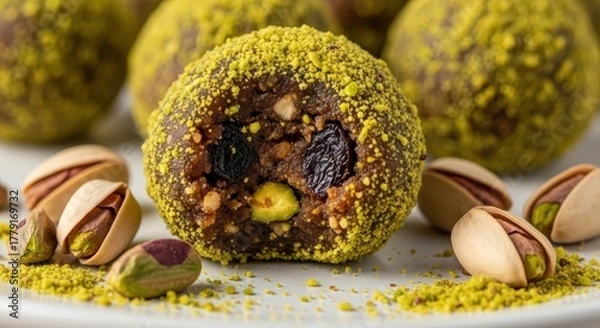 Fototapeta Close up of a healthy energy ball coated in pistachios