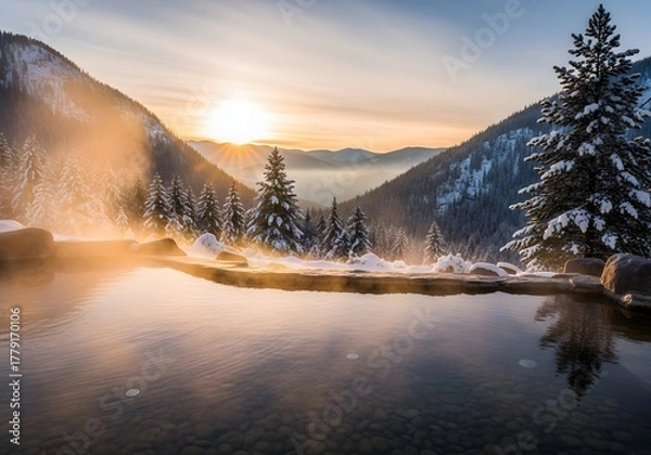 Obraz Tranquil outdoor hot spring pool with mountains and pine trees at sunset