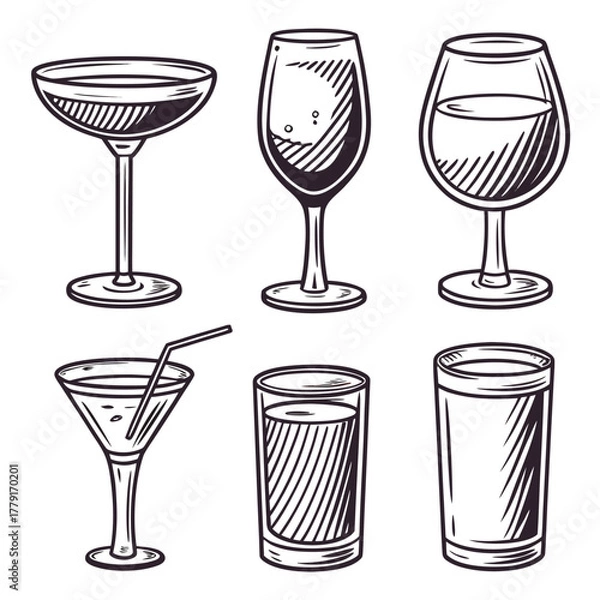 Fototapeta Illustration of six different types of glasses filled with liquid and straw in black and white style