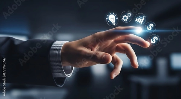 Fototapeta Hand touching digital icons representing ideas innovation and financial growth on a dark background