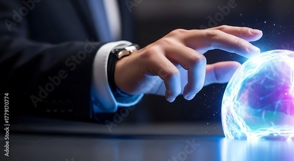 Fototapeta Hand touching a glowing orb with blue and purple light on a dark surface wearing a suit and a watch