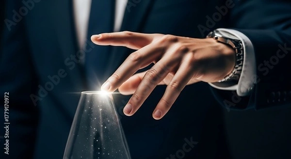 Fototapeta Hand hovering over a glass with light emanating from it wearing a watch and dark blue suit jacket
