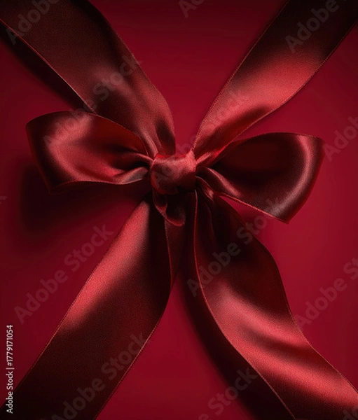 Fototapeta Elegant red satin ribbon creating a beautiful bow on a red background	
