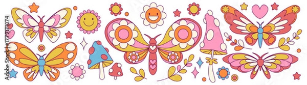 Fototapeta Groovy flower and butterfly collection with retro vector graphics in vintage style. Vibrant mushroom motifs, smiling blossoms, hearts and stars - psychedelic design elements for nostalgic decor.