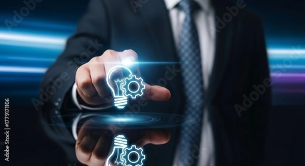 Fototapeta Man in suit touching glowing lightbulb and gear icon on reflective surface with blue background