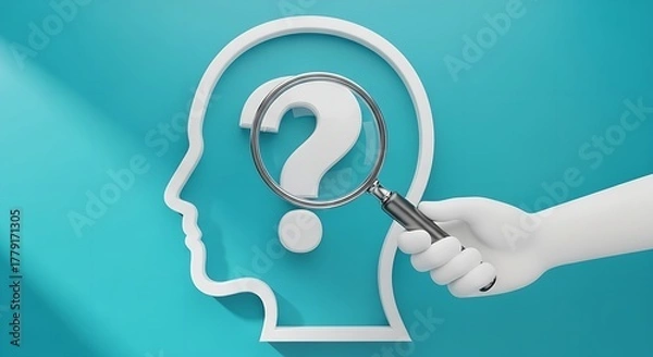 Fototapeta White head outline with question mark and hand holding magnifying glass on blue background art