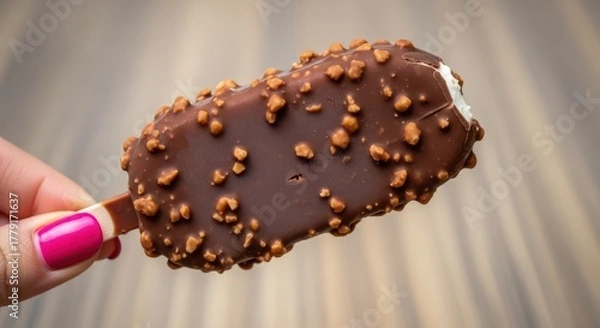 Obraz Hand holding a chocolate ice cream bar covered in nuts