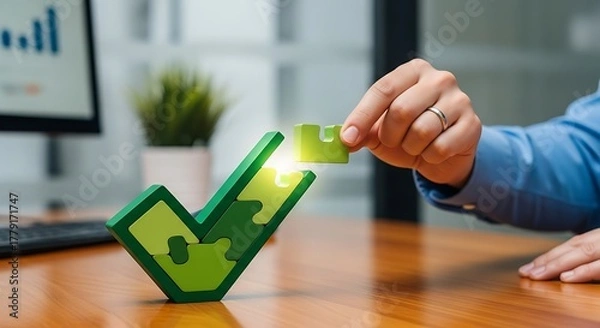 Fototapeta Completing the picture of success, one piece at a time in a modern office setting.