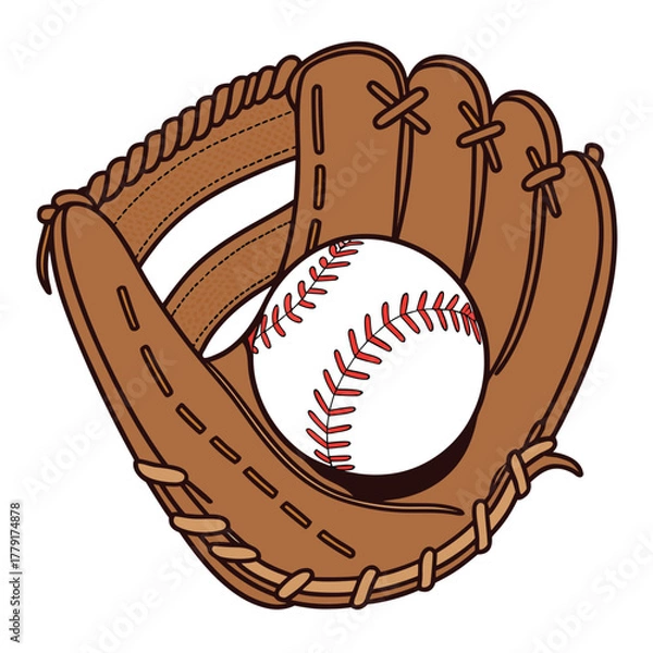 Fototapeta Illustration of a baseball glove holding a baseball with red seams and brown leather design element art