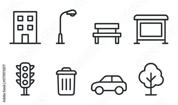 Fototapeta Urban elements icon set: building, streetlamp, bench, billboard, traffic light, trash can, car, tree