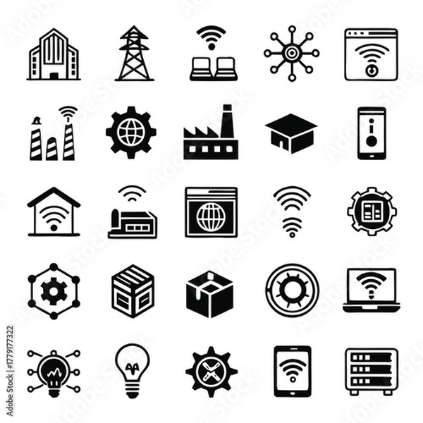 Fototapeta Collection of black and white internet of things icons representing connectivity and automation solutions